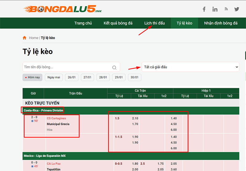 Xem các tỷ lệ kèo bóng đá
